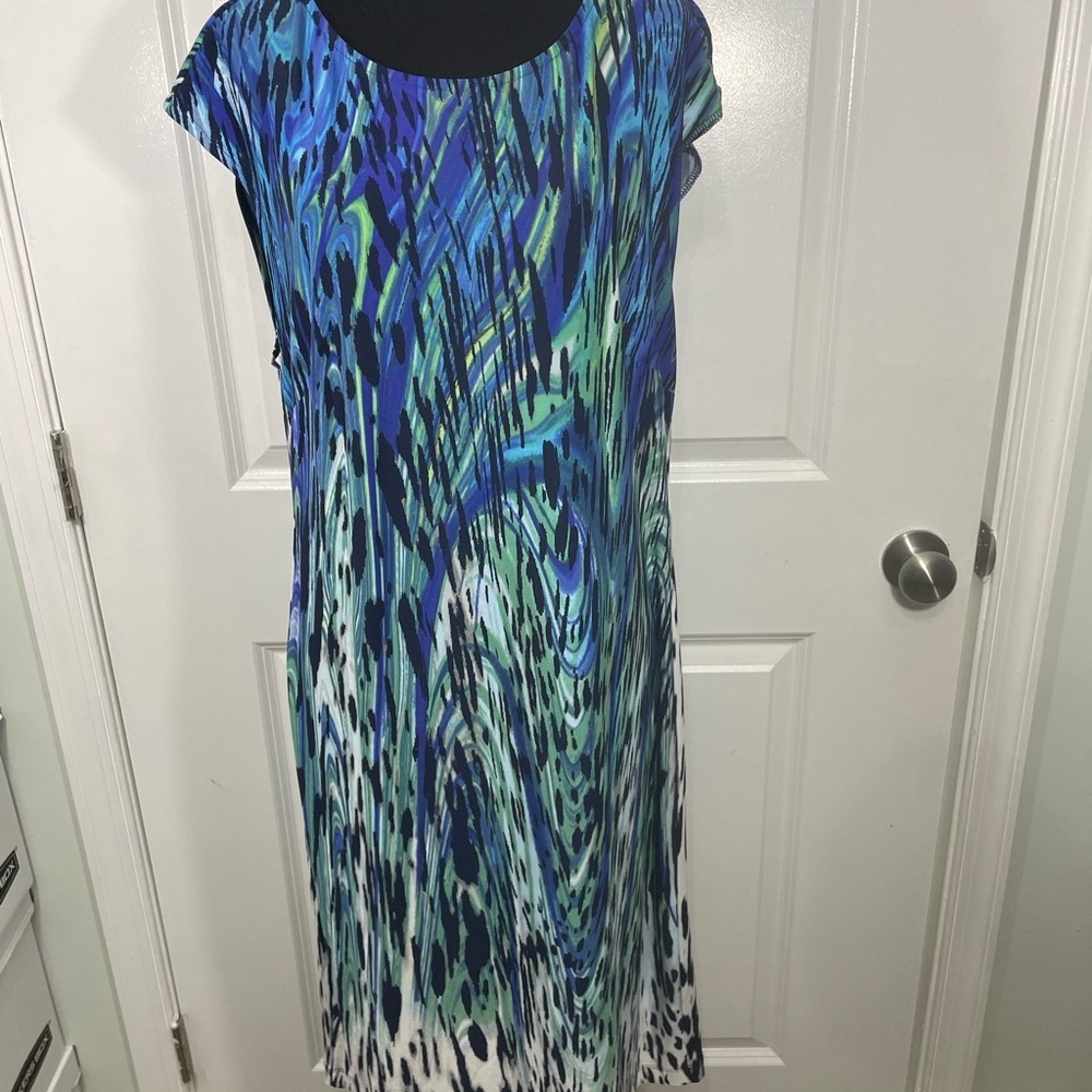 Chicos Blue and Green Abstract Dress Size 2 (Chicos Sizing) CB-107